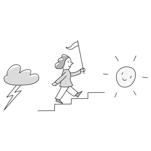 © Daniel Jennewein / RKW Kompetenzzentrum Illustration mit einer Person, die auf einer Treppe von einem Gewitter in Richtung Sonnenschein steigt.